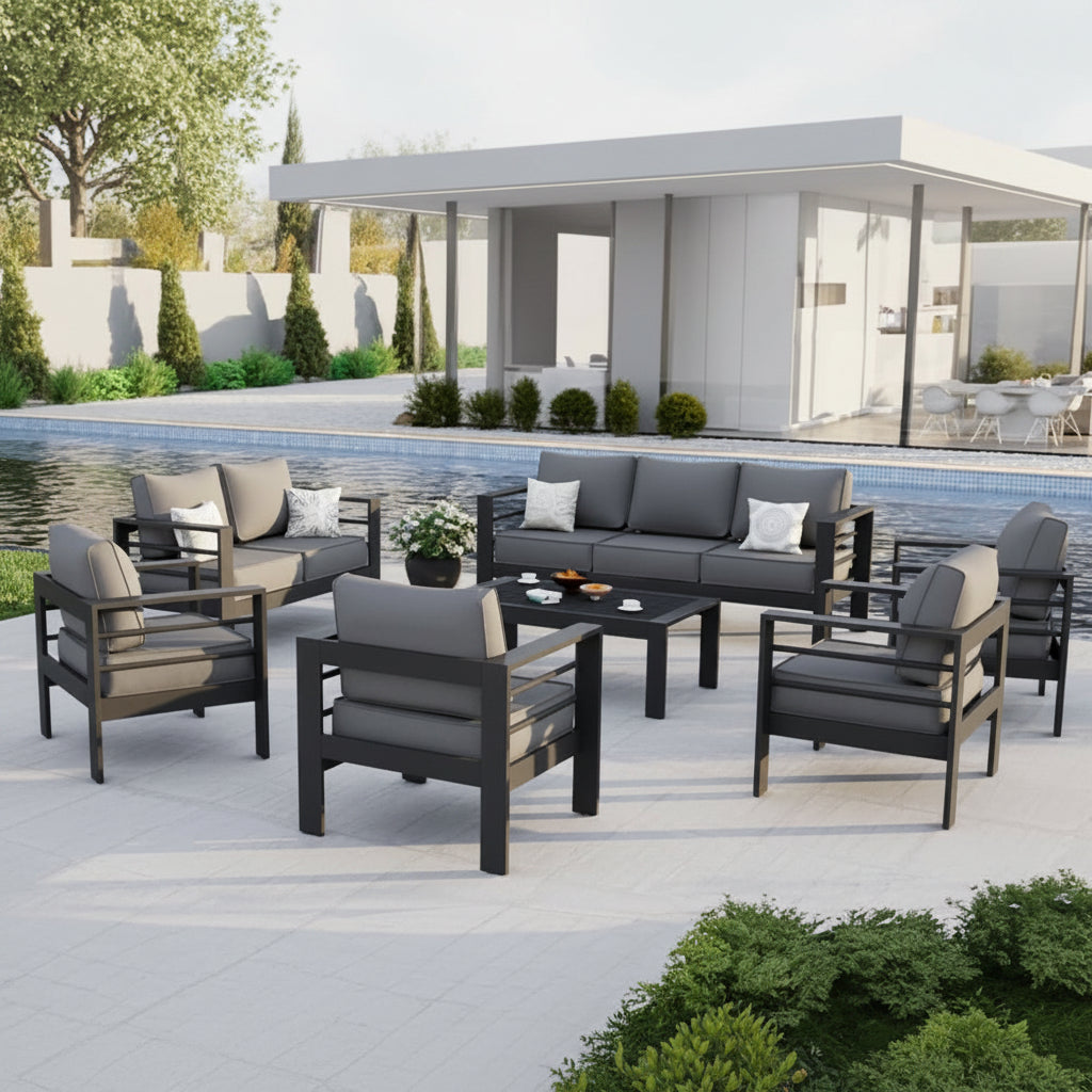 Aluminum Patio Furniture Set, 7 Piece Metal Outdoor Set, Patio Furniture Set with Waterproof Covers for Backyard Garden(Grey)