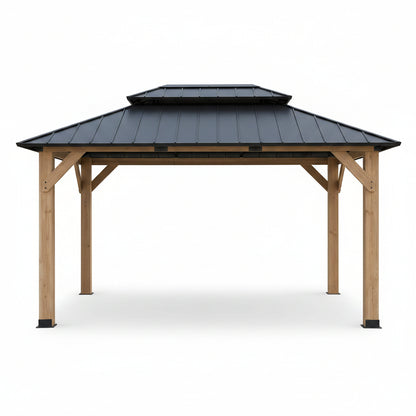 12' X 16' Wooden Gazebo,Patio Hardtop DIY Color Gazebo Wood | Permanent Pavilion with Galvanized Steel Double Metal Roof for Backyard, Deck(Windproof, Snow-Load Bearing, Rustproof)