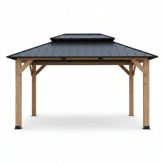 12' X 16' Wooden Gazebo,Patio Hardtop DIY Color Gazebo Wood | Permanent Pavilion with Galvanized Steel Double Metal Roof for Backyard, Deck(Windproof, Snow-Load Bearing, Rustproof)