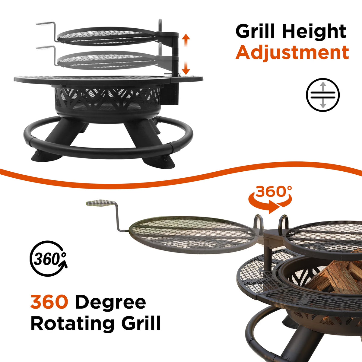 47" Wood Burning Fire Pit with 360° Adjustable Grill, Heavy-Duty Steel 2-In-1 Fire Pit & BBQ Table for Patio, Backyard, Camping, Cookout