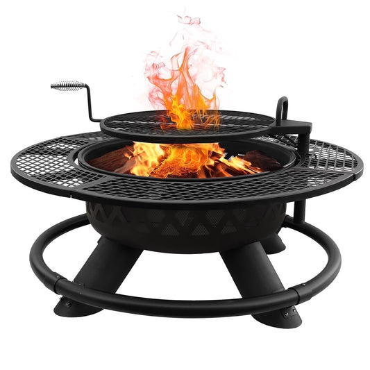 47" Wood Burning Fire Pit with 360° Adjustable Grill, Heavy-Duty Steel 2-In-1 Fire Pit & BBQ Table for Patio, Backyard, Camping, Cookout