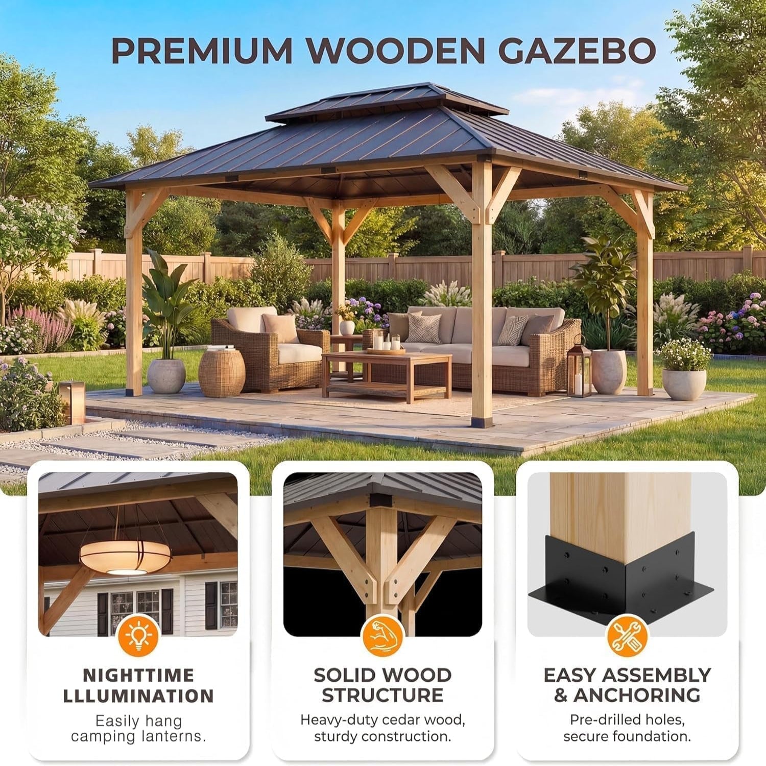 12' X 16' Wooden Gazebo,Patio Hardtop DIY Color Gazebo Wood | Permanent Pavilion with Galvanized Steel Double Metal Roof for Backyard, Deck(Windproof, Snow-Load Bearing, Rustproof)