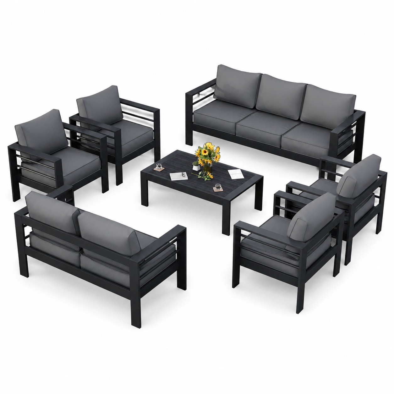 Aluminum Patio Furniture Set, 7 Piece Metal Outdoor Set, Patio Furniture Set with Waterproof Covers for Backyard Garden（Grey）
