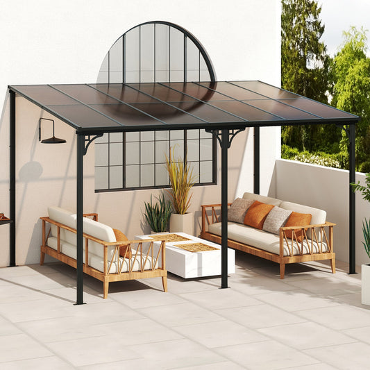 Wall-Mounted Patio Gazebo Large Outdoor Hardtop Pergola with Sloped Polycarbonate Roof-Black